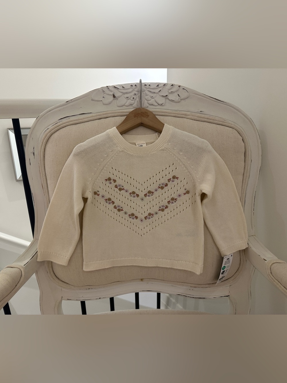 🦢 18 Mth 100% Cotton Ivory~Cream Floral-Embroidered Pointelle Baby Sweater NWT